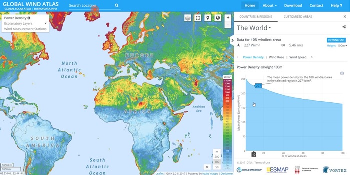 Map of mean power density at 100 metres above ground level (graphic courtesy of the World Bank). Maps are just one kind of representation and use of the Global Wind Atlas 2.0 data sets.