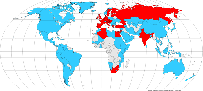WAsP has been exported to more than 120 countries and territories around the world (in blue and red).