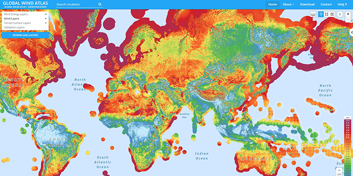 A screendump of the Global Wind Atlas showing, how the atlas covers the entire world.