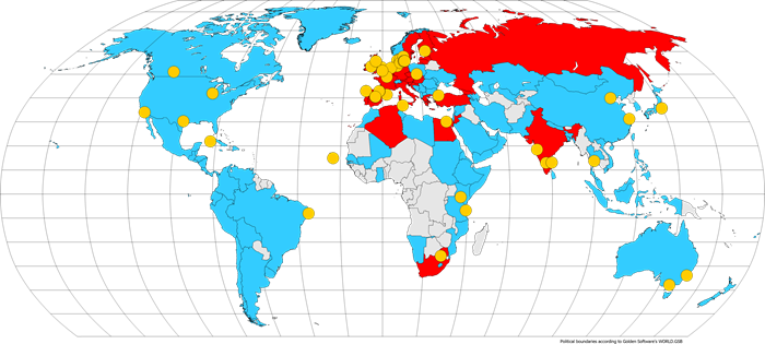 Over the last 30 years, more than 130 WAsP courses have been held in 30 countries worldwide. WAsP has been applied in the blue and red countries for wind resource mapping and wind farm development.