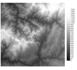 A 30 km by 30 km section of the Aveiro-Viseu site showing the farfield terrain height before (left) and after (right) terrain massaging