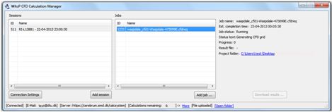 A WAsP CFD job has been added. The status panel to the right gives the status of the selected job as well as an estimated completion time.