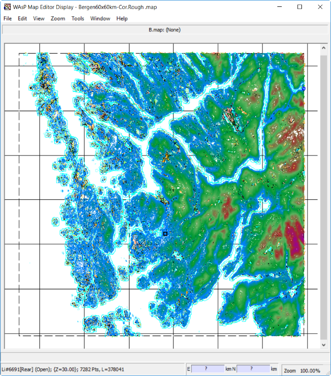 The Norwegian city of Bergen and surroundings seen in the WAsP Map Editor: Topographical data (elevation and roughness) as imported from the Global Windatlas Mapserver.